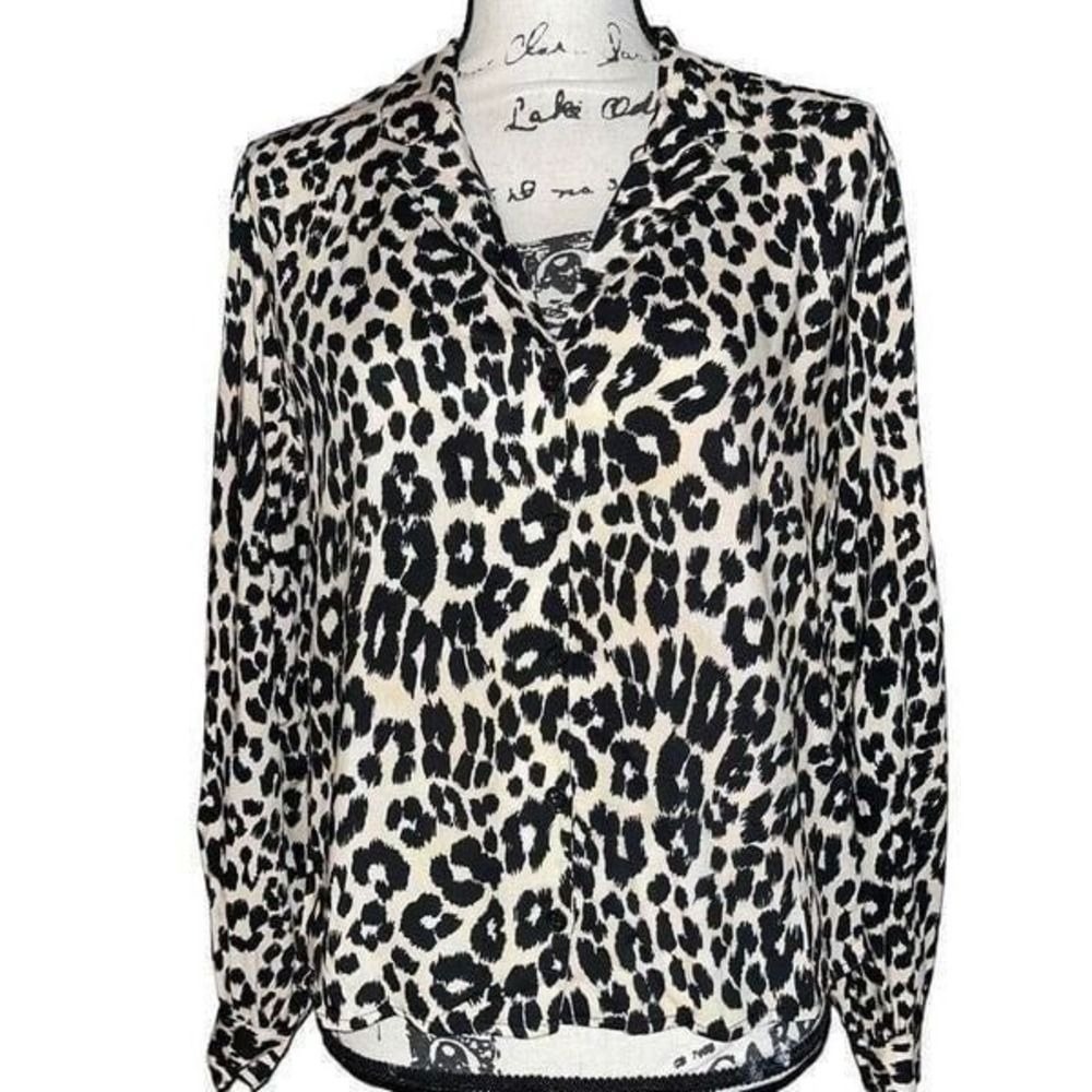 Topshop Leopard Print Button Down Blouse Black Cream Long‎ Sleeve Size 8